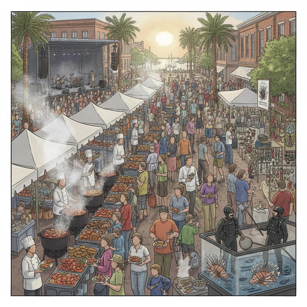 Crowd enjoying the Pensacola Seafood Festival 2026 with food stalls, live music, and artisan booths at sunset.