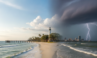 Dramatic sky over a beach with a lighthouse, showcasing a storm approaching Pensacola, Florid — Pensacola weather forecast