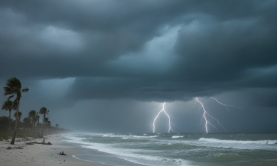 Dark storm clouds over Pensacola beach with lightning striking the ocean, indicating a severe — pensacola weather forecast