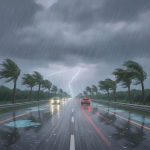 Dark storm clouds gathering over a wet highway illustrating the severe Pensacola weather forecast.