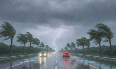 Dark storm clouds gathering over a wet highway illustrating the severe Pensacola weather forecast.