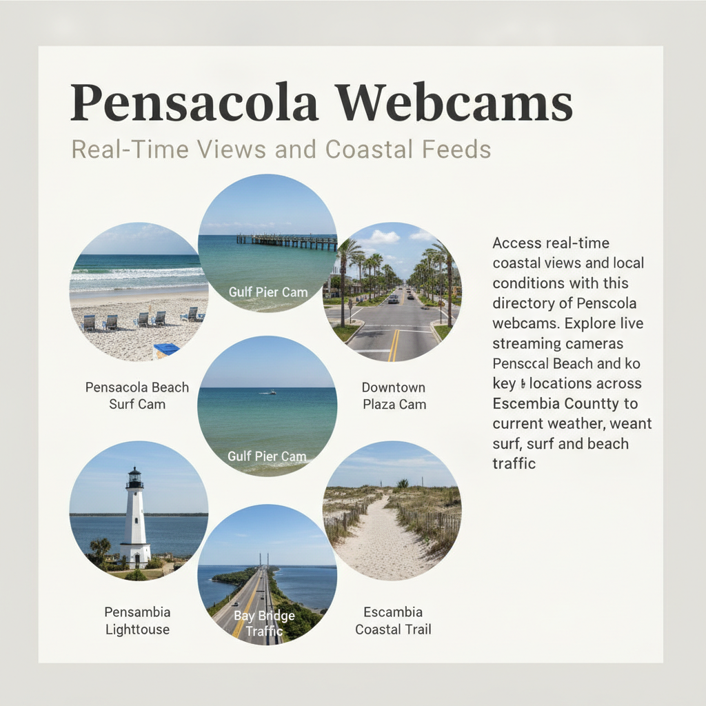 Collage of Pensacola webcams showcasing beach views, a lighthouse, and local traffic conditions.