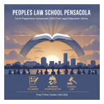 Graphic promoting the Peoples Law School Pensacola with an open book and silhouettes of people against a sunset backdrop.
