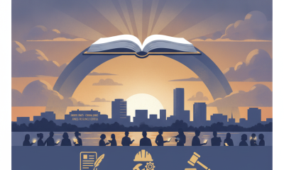 Graphic promoting the Peoples Law School Pensacola with an open book and silhouettes of people against a sunset backdrop.