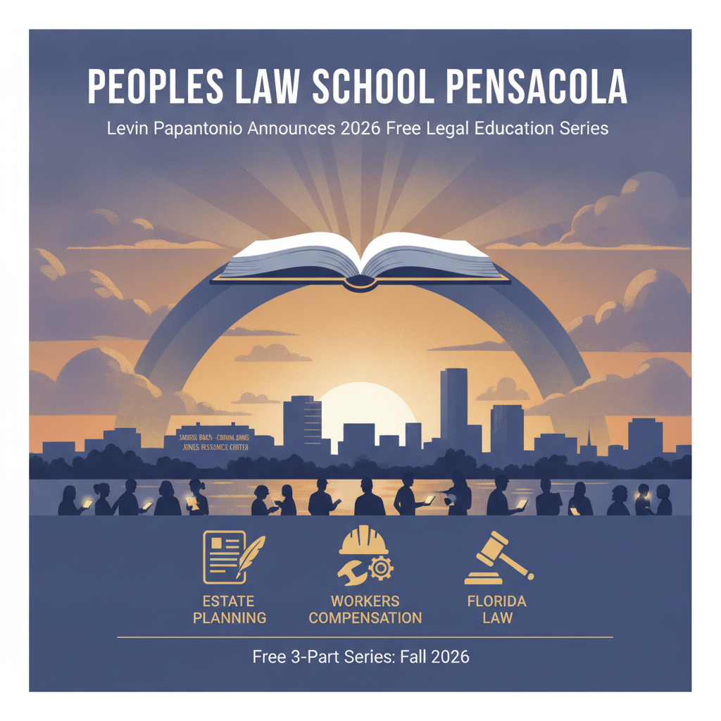 Graphic promoting the Peoples Law School Pensacola with an open book and silhouettes of people against a sunset backdrop.
