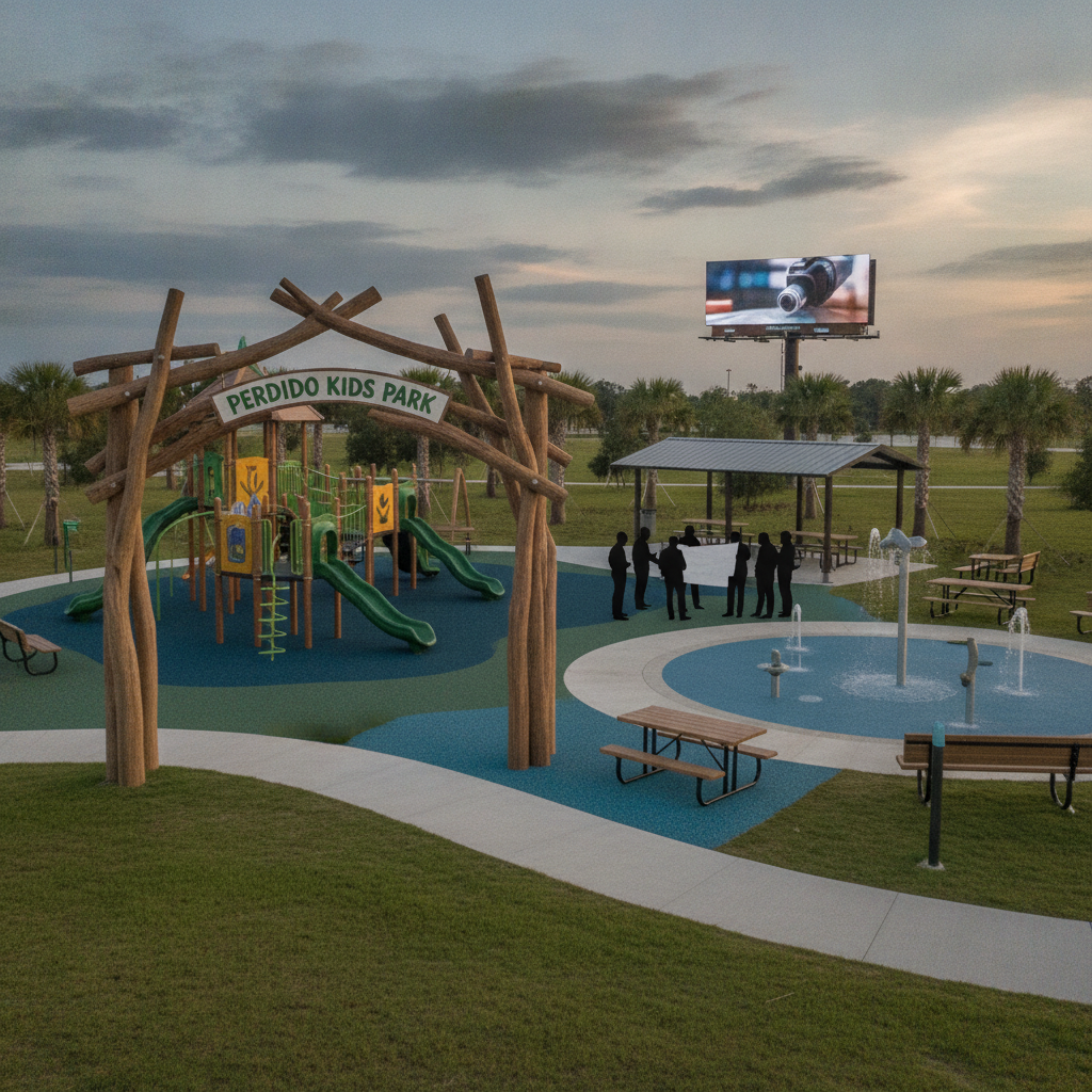Newly renovated Perdido Kids Park featuring playground equipment, water features, and a larg — Perdido Kids Park reopening