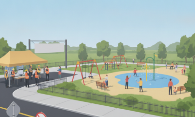 A vibrant illustration of Perdido Kids Park featuring playground equipment, families enjoyin — Perdido Kids Park reopening