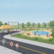 A vibrant illustration of Perdido Kids Park featuring playground equipment, families enjoyin — Perdido Kids Park reopening