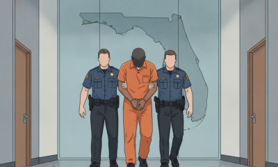 Two police officers escort a man in an orange jumpsuit through a corridor, wit — Perry Florida drug trafficking sentencing
