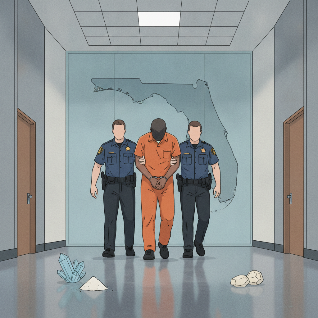 Two police officers escort a man in an orange jumpsuit through a corridor, wit — Perry Florida drug trafficking sentencing