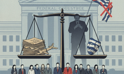 Illustration depicting a scale balancing legal documents and a Cuban flag, with a courthou — raul castro murder indictment