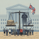 Illustration depicting a scale balancing legal documents and a Cuban flag, with a courthou — raul castro murder indictment