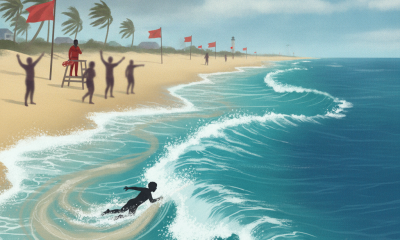 A beach scene with red flags indicating dangerous conditions, a lifeguard on duty, — rip current statement Escambia County