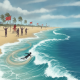 A beach scene with red flags indicating dangerous conditions, a lifeguard on duty, — rip current statement Escambia County