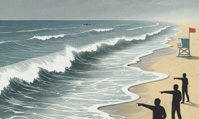 Illustration depicting a beach scene with people pointing at rough waves, warning of Gulf Coast rip currents.