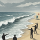 Illustration depicting a beach scene with people pointing at rough waves, warning of Gulf Coast rip currents.