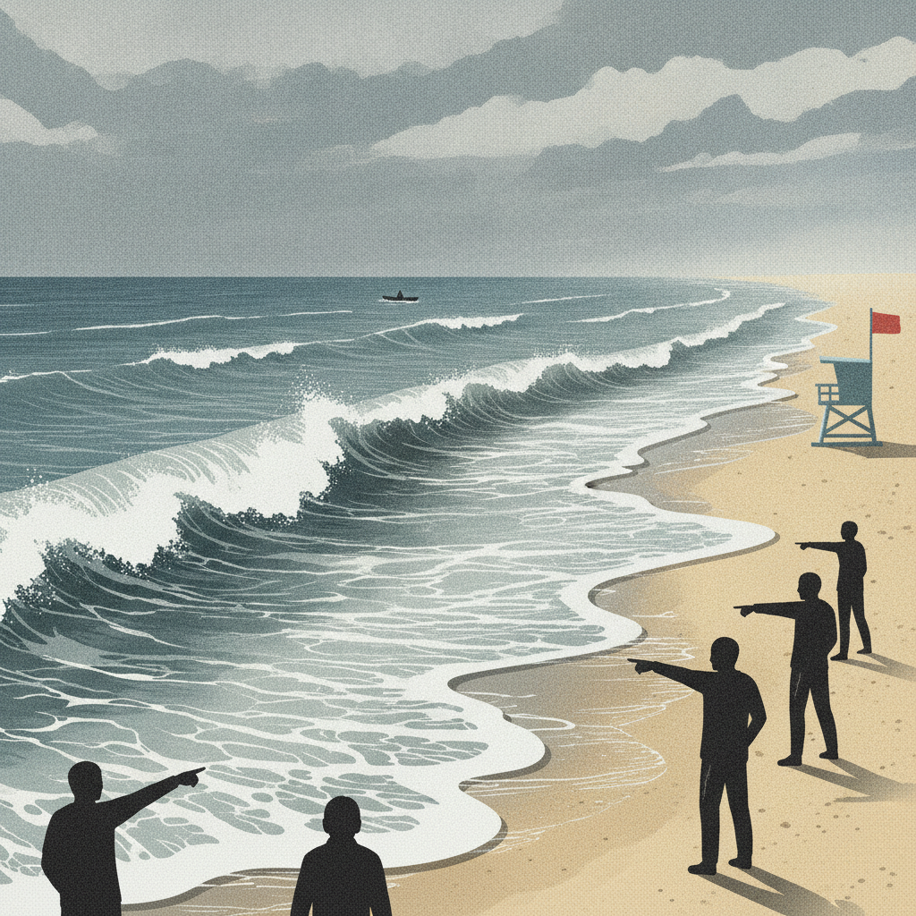 Illustration depicting a beach scene with people pointing at rough waves, warning of Gulf Coast rip currents.