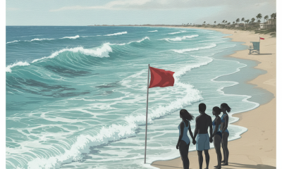 Four people standing on a beach near a red flag warning of dangerous rip currents, w — rip current warning Pensacola beach