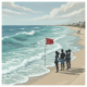 Four people standing on a beach near a red flag warning of dangerous rip currents, w — rip current warning Pensacola beach