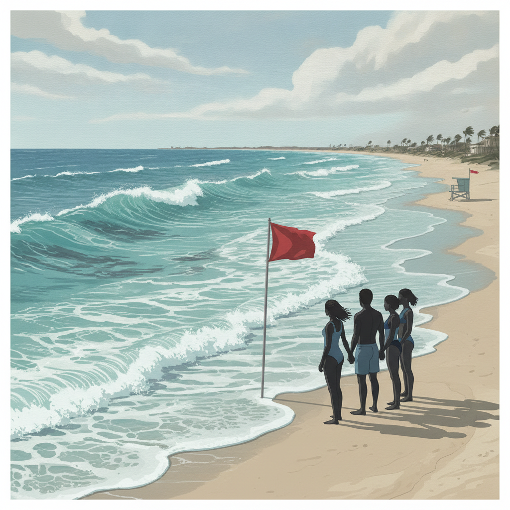 Four people standing on a beach near a red flag warning of dangerous rip currents, w — rip current warning Pensacola beach