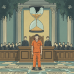 A courtroom scene featuring a man in an orange jumpsuit standing before a judge, with an hourglass ab — Ronald Pate Newman