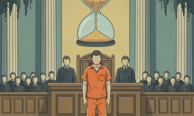 A courtroom scene featuring a man in an orange jumpsuit standing before a judge, with an hourglass ab — Ronald Pate Newman