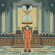 A courtroom scene featuring a man in an orange jumpsuit standing before a judge, with an hourglass ab — Ronald Pate Newman