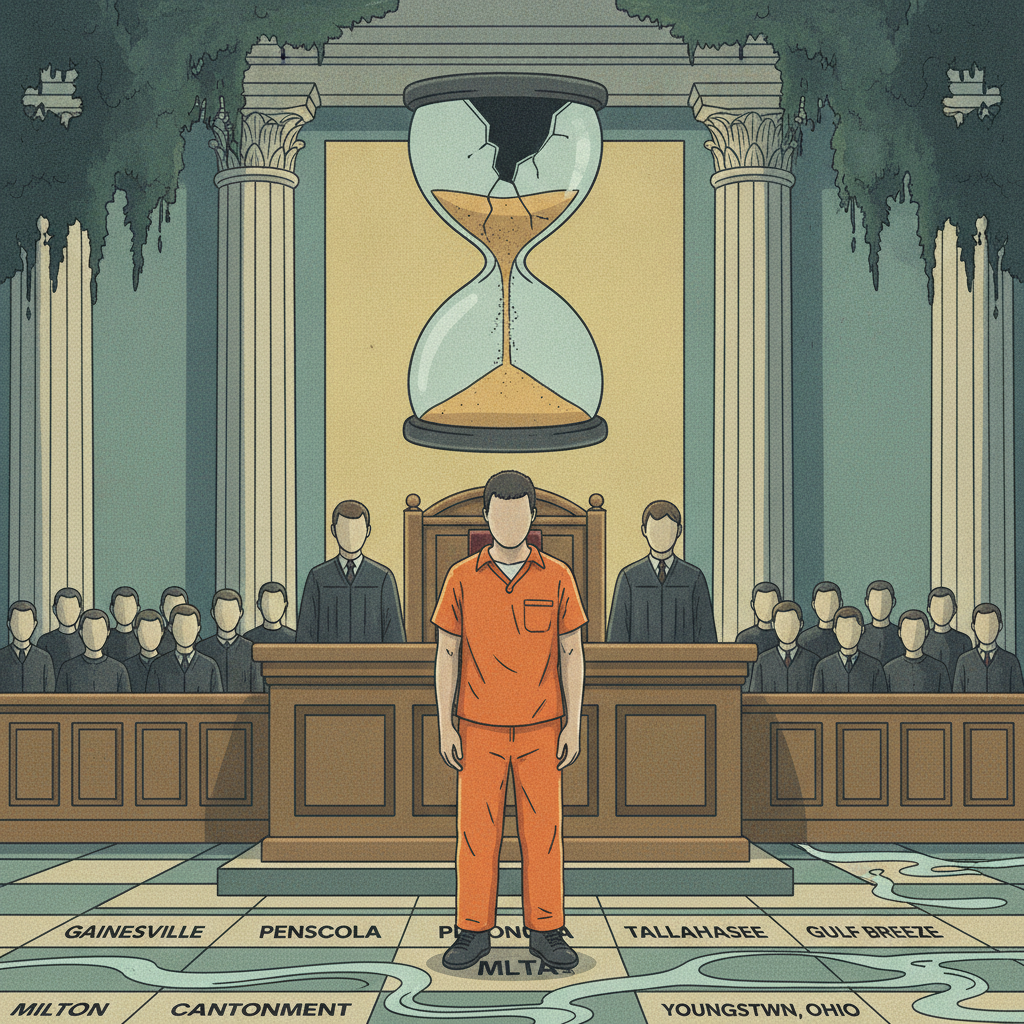 A courtroom scene featuring a man in an orange jumpsuit standing before a judge, with an hourglass ab — Ronald Pate Newman