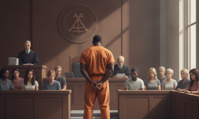 Inmate in orange jumpsuit stands in courtroom facing judge and jury dur — Santa Rosa Correctional Institution manslaughter