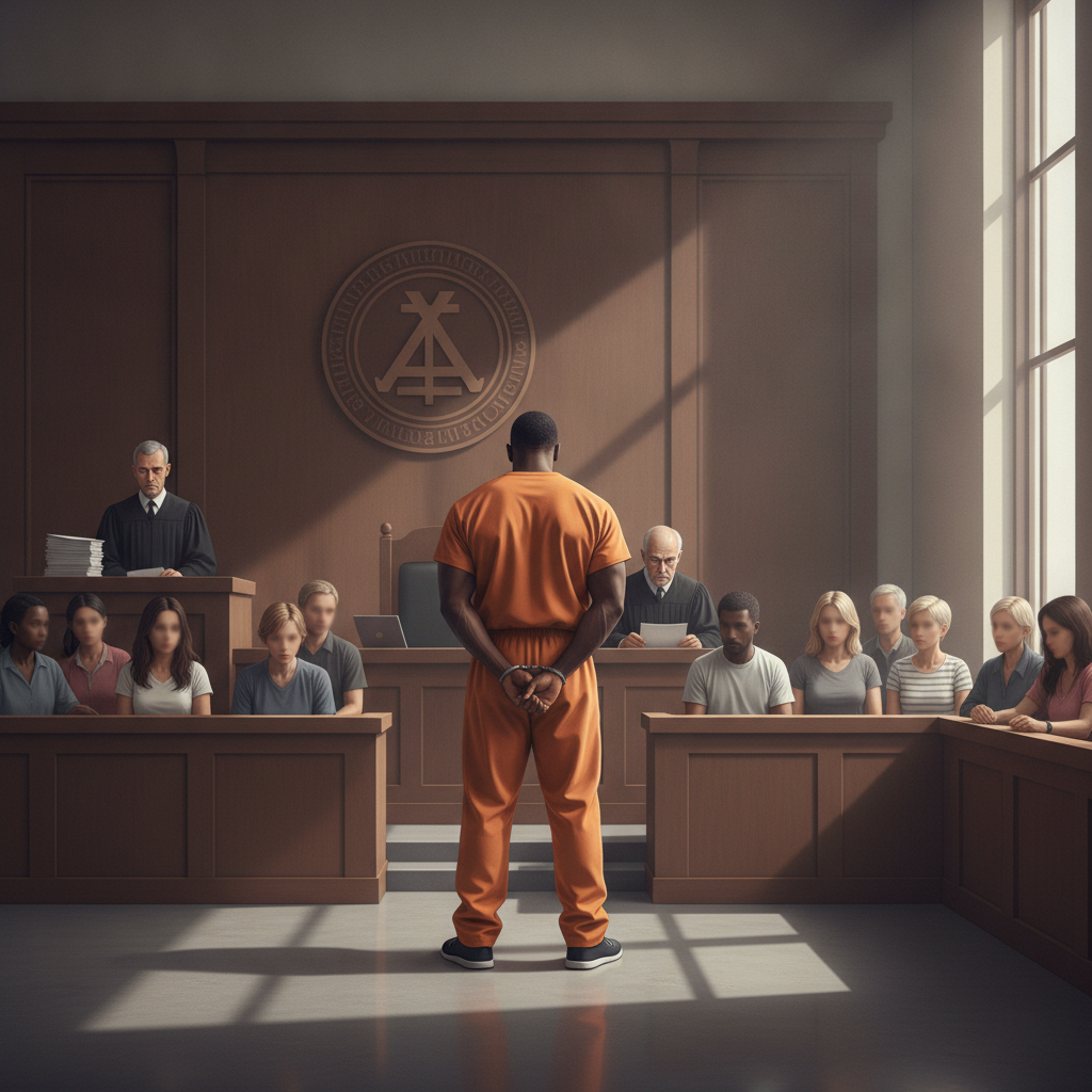 Inmate in orange jumpsuit stands in courtroom facing judge and jury dur — Santa Rosa Correctional Institution manslaughter