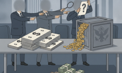 Business figures in suits point at a mysterious box overflowing with coins and cash, symbolizing co — trump tariff refunds