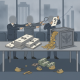 Business figures in suits point at a mysterious box overflowing with coins and cash, symbolizing co — trump tariff refunds