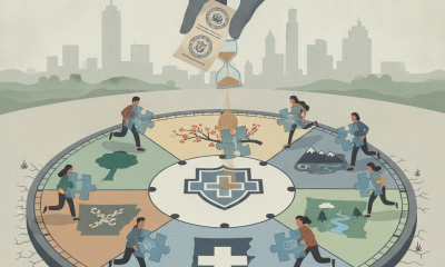 Illustration depicting a hand dropping money into an hourglass surrounded by puzzle pie — Medicaid work requirements rules