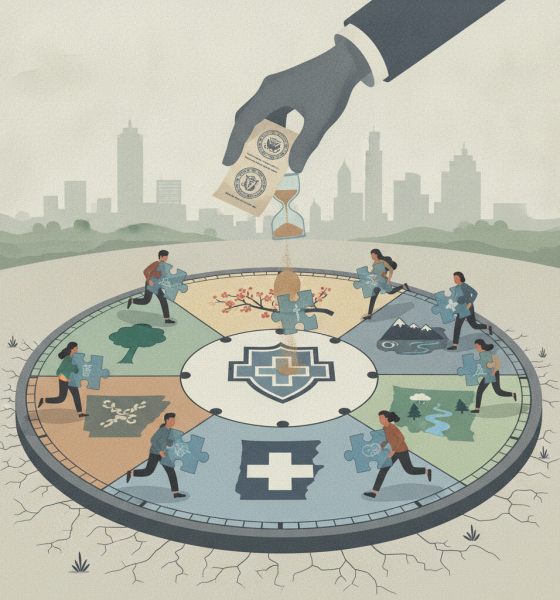 Illustration depicting a hand dropping money into an hourglass surrounded by puzzle pie — Medicaid work requirements rules