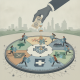 Illustration depicting a hand dropping money into an hourglass surrounded by puzzle pie — Medicaid work requirements rules