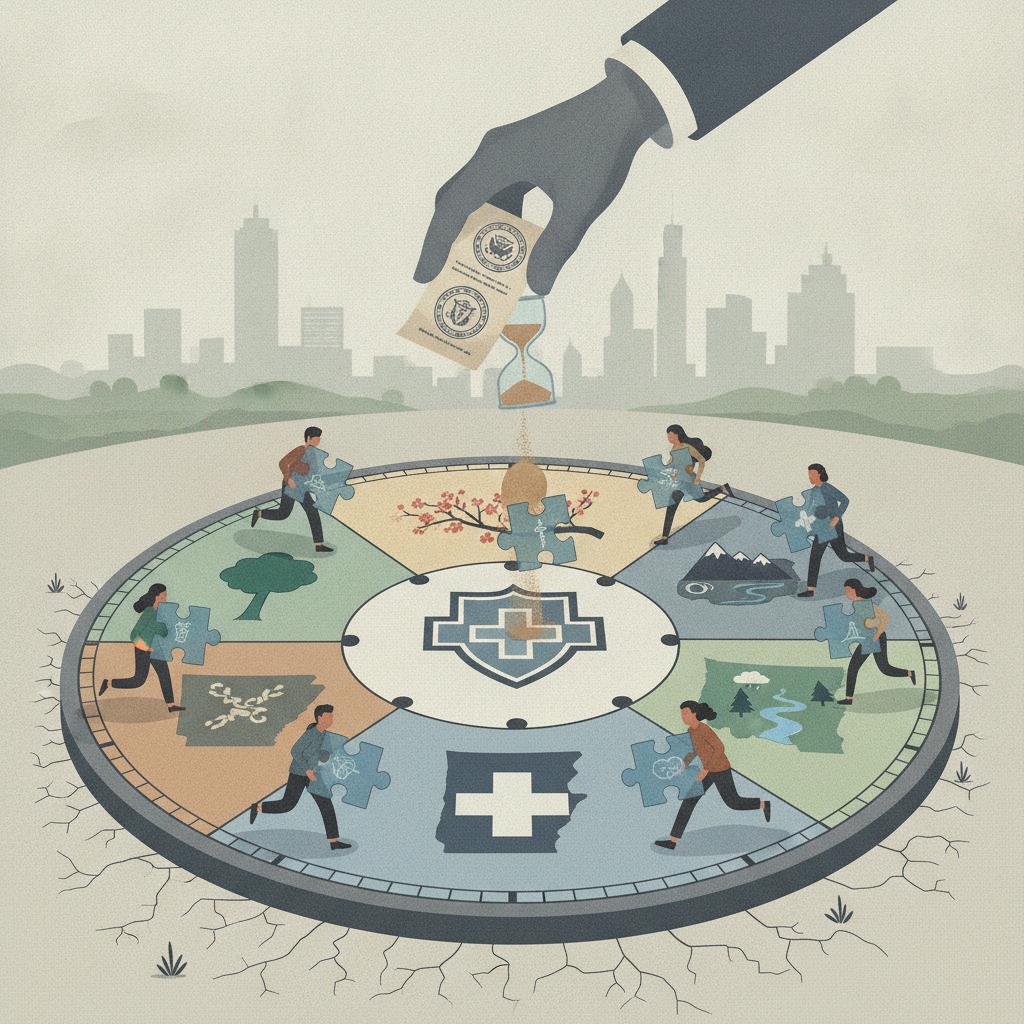 Illustration depicting a hand dropping money into an hourglass surrounded by puzzle pie — Medicaid work requirements rules