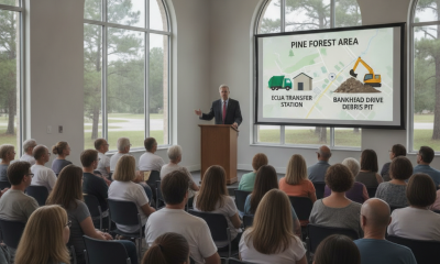 Steve Stroberger speaking at a town hall meeting in front of a presentation a — Steve Stroberger town hall Escambia County