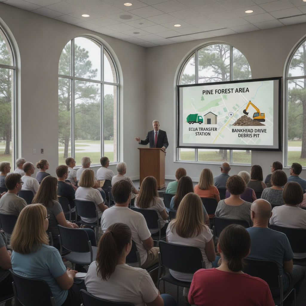 Steve Stroberger speaking at a town hall meeting in front of a presentation a — Steve Stroberger town hall Escambia County