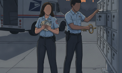 Two postal workers in uniforms near a mailbox, with scattered letters and a postal t — Tallahassee Postal Worker Sentenced
