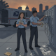 Two postal workers in uniforms near a mailbox, with scattered letters and a postal t — Tallahassee Postal Worker Sentenced