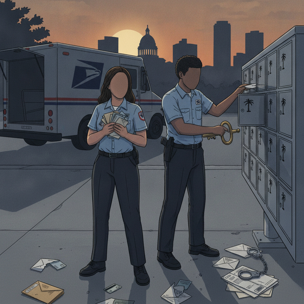 Two postal workers in uniforms near a mailbox, with scattered letters and a postal t — Tallahassee Postal Worker Sentenced