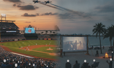 A vibrant scene showcasing a baseball game at sunset and a beach movie screening wit — Things to Do in Pensacola This Week