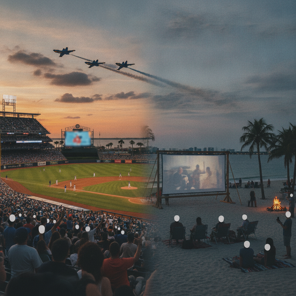 A vibrant scene showcasing a baseball game at sunset and a beach movie screening wit — Things to Do in Pensacola This Week
