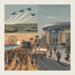 Illustration depicting Pensacola events: Blue Angels flying, beach concert crowd, and Saenger Theatre.