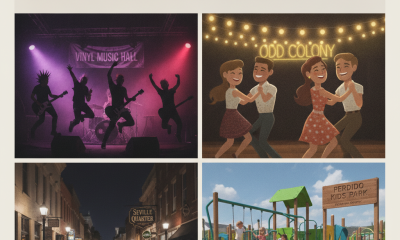 Collage of midweek events in Pensacola, featuring Vinyl Music Hall, Odd Colony, Sevi — things to do in pensacola this week