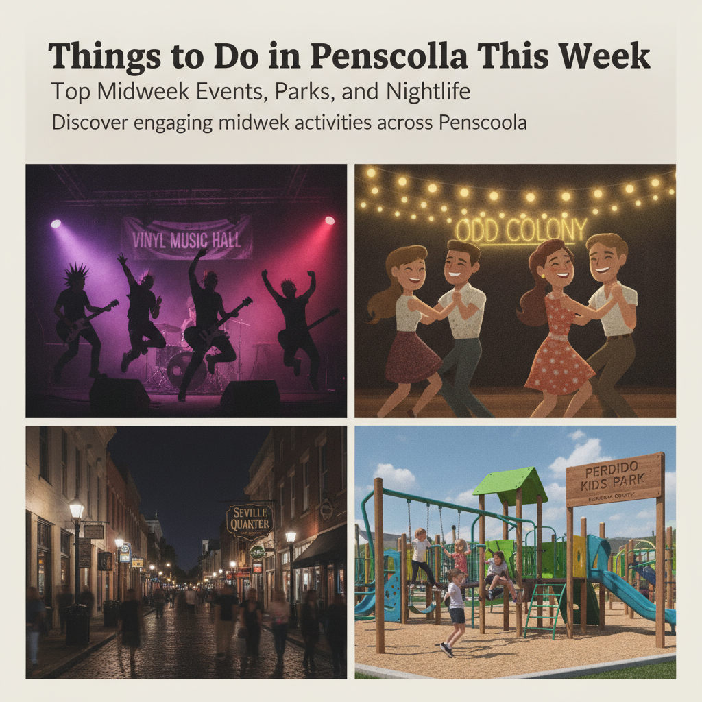Collage of midweek events in Pensacola, featuring Vinyl Music Hall, Odd Colony, Sevi — things to do in pensacola this week