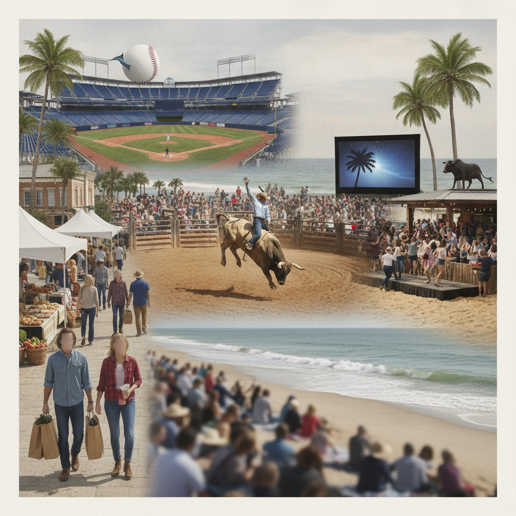 Collage of weekend activities in Pensacola, including baseball, rodeo, outdoor mo — Things to Do in Pensacola This Weekend