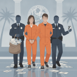 Two individuals in orange jumpsuits are escorted by police officers, surrounded by sc — robo de correspondencia en Florida