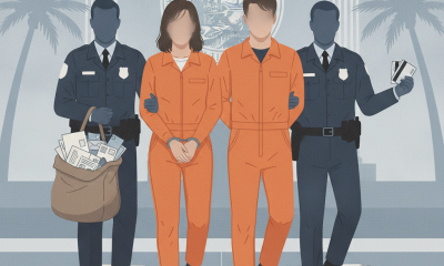 Two individuals in orange jumpsuits are escorted by police officers, surrounded by sc — robo de correspondencia en Florida