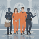 Two individuals in orange jumpsuits are escorted by police officers, surrounded by sc — robo de correspondencia en Florida